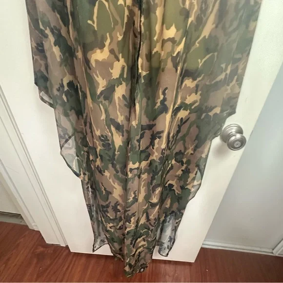 Rough Trade Gear Green Tan Camo Print SheerMesh Oversized Hooded Coverup NWT O/S